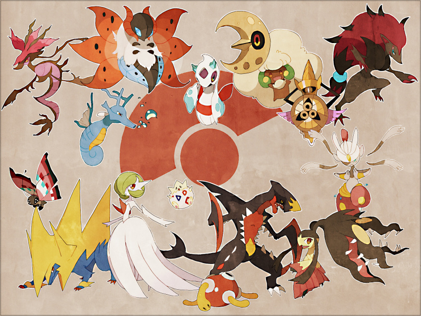 aegislash blue_eyes bug claws dragalge dragon fangs fins froslass garchomp gardevoir highres kingdra lunatone manectric mawile medicham mega_pokemon no_humans orange_eyes pokemon pokemon_(creature) red_eyes seahorse shuckle tail tarai_(silica5) togepi vivillon volcarona whimsicott wings yellow_eyes zoroark