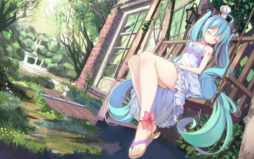 1680x1050 ahoge anklet aqua_hair beek blush_stickers brick_wall closed_eyes dress eyes_closed feet flower grass hatsune_miku highres jewelry legs long_hair resized rope sandals sitting sleeveless sleeveless_dress solo toes twintails very_long_hair vocaloid wallpaper |_|