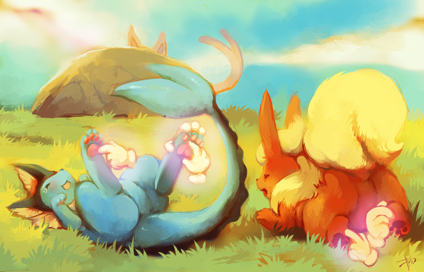blue_sky cloud espeon flareon gloves grass highres holding_another's_foot laughing no_humans on_back pokemon pokemon_(creature) purplekecleon rock signature sky tickling vaporeon white_gloves