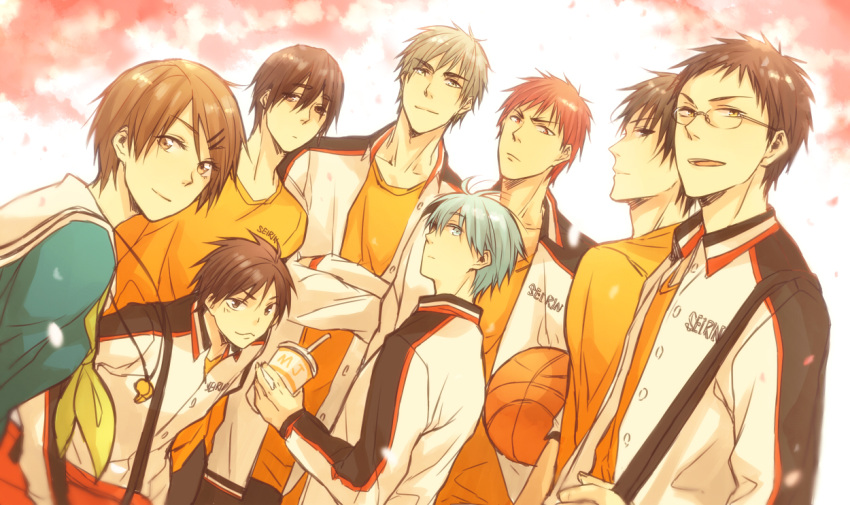 6+boys aida_riko blue_eyes blue_hair brown_eyes brown_hair glasses hyuuga_junpei izuki_shun jacket kagami_taiga kiyoshi_teppei koganei_shinji kuroko_no_basuke kuroko_tetsuya mitobe_rinnosuke multiple_boys school_uniform serafuku short_hair sleepy69 whistle white_hair