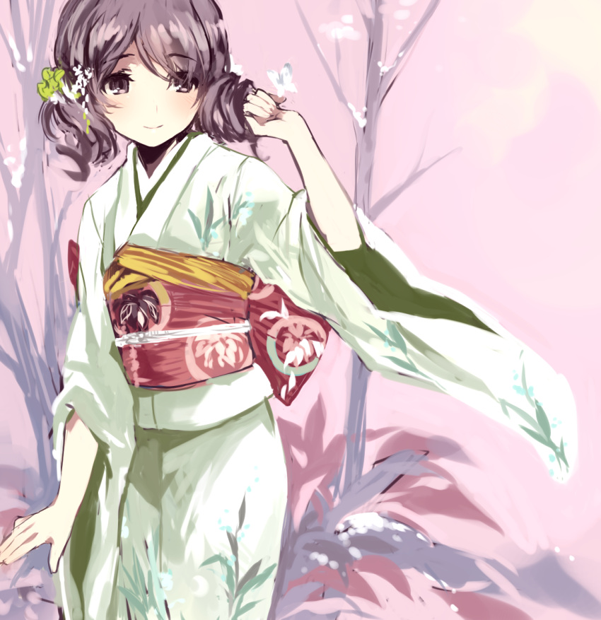 blush brown_eyes brown_hair butterfly drill_hair flat_chest floral_print flower hair_flower hair_ornament japanese_clothes kimono light_smile obi original pink_background solo standing tan_(tangent) ted twin_drills wide_sleeves wind