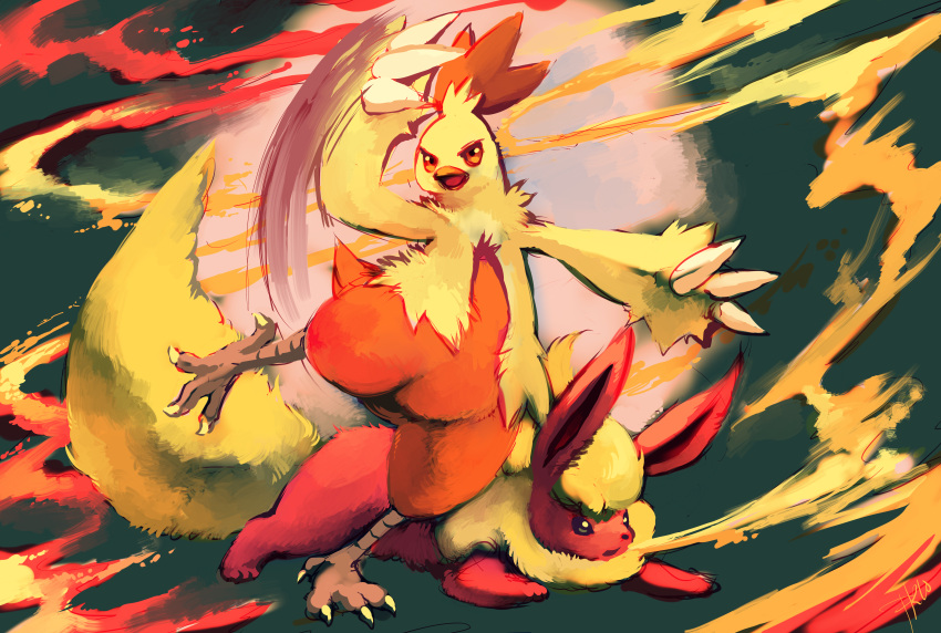 blue_eyes breathing_fire combusken commentary creature fire flareon highres huge_filesize looking_at_viewer looking_away no_humans orange_eyes pokemon pokemon_(creature) purplekecleon pyrokinesis signature standing standing_on_one_leg