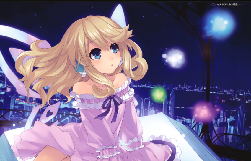 absurdres black_disc blonde_hair blue_eyes building choujigen_game_neptune choujigen_game_neptune_mk2 cityscape green_disc highres histoire light_particles long_hair night nightgown official_art purple_disc solo tsunako twintails white_disc