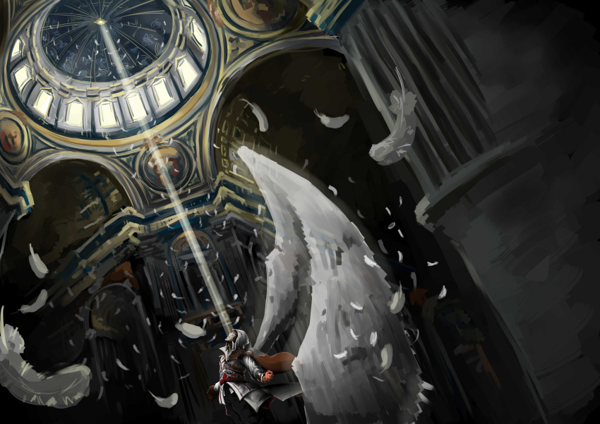 absurdres angel_wings assassin's_creed assassin's_creed_ii assassin's_creed assassin's_creed_ii belt cape church ezio_auditore_da_firenze facial_hair feathers gloves hidden_blade highres hood male scar single_wing solo weapon white_wings wings yama_(pixiv)