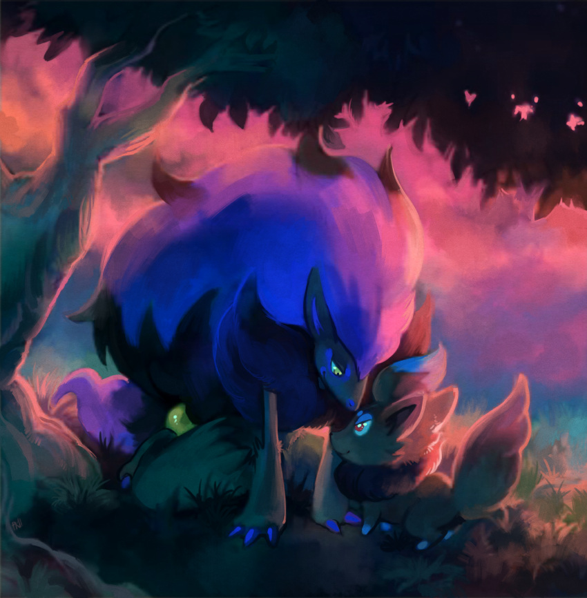 absurdres all_fours alternate_color big_hair claws commentary creature eye_contact grass highres looking_at_another looking_down looking_up no_humans pokemon pokemon_(creature) purple_sky purplekecleon red_eyes shiny_pokemon smile tree yellow_eyes zoroark zorua
