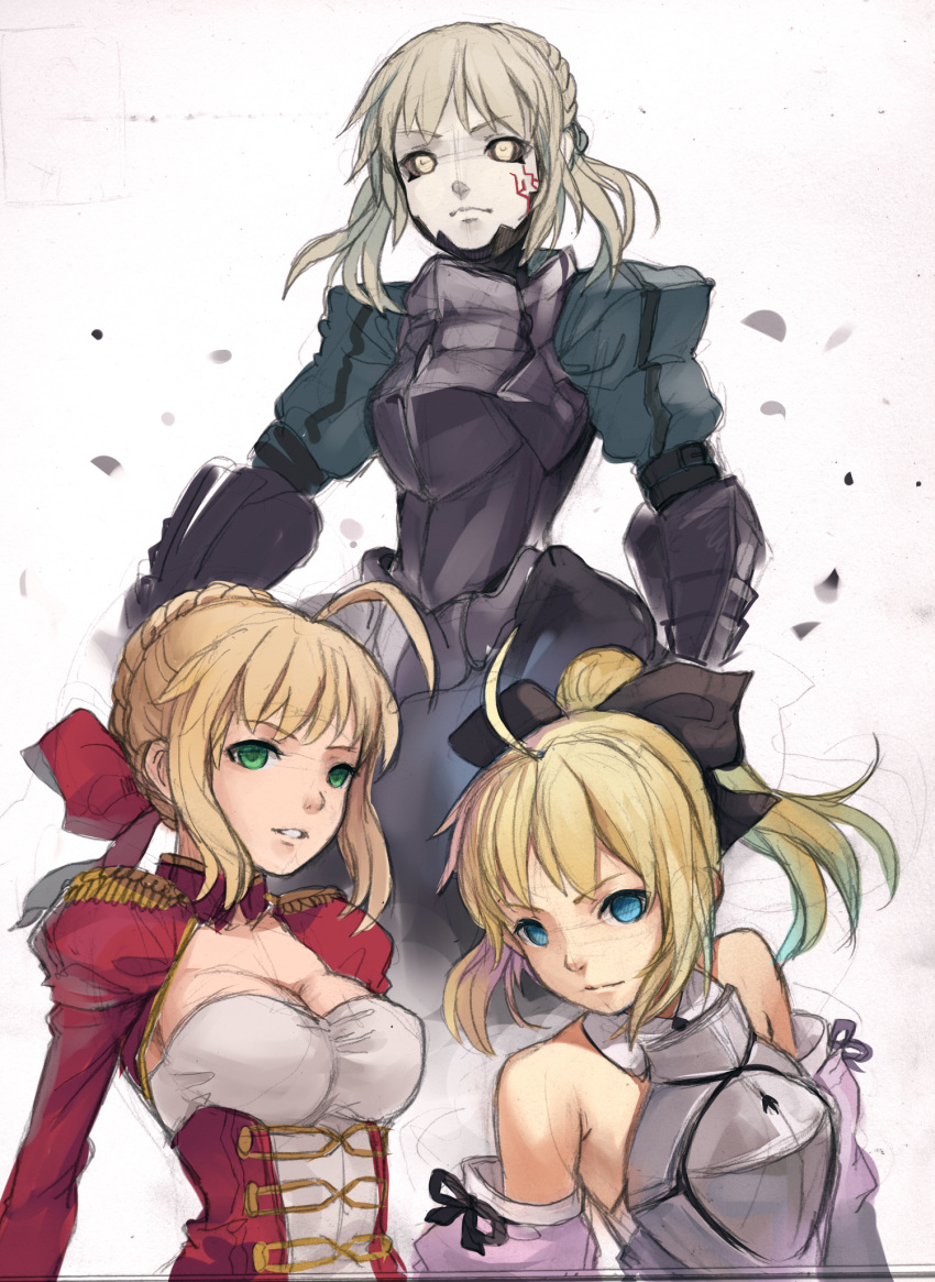 ahoge armor bare_shoulders black_sclera blonde_hair blue_eyes bow breasts cleavage fate/extra fate/stay_night fate/unlimited_codes fate_(series) fkey gauntlets green_eyes hair_bow highres multiple_girls multiple_persona saber saber_alter saber_extra saber_lily sketch white_background yellow_eyes