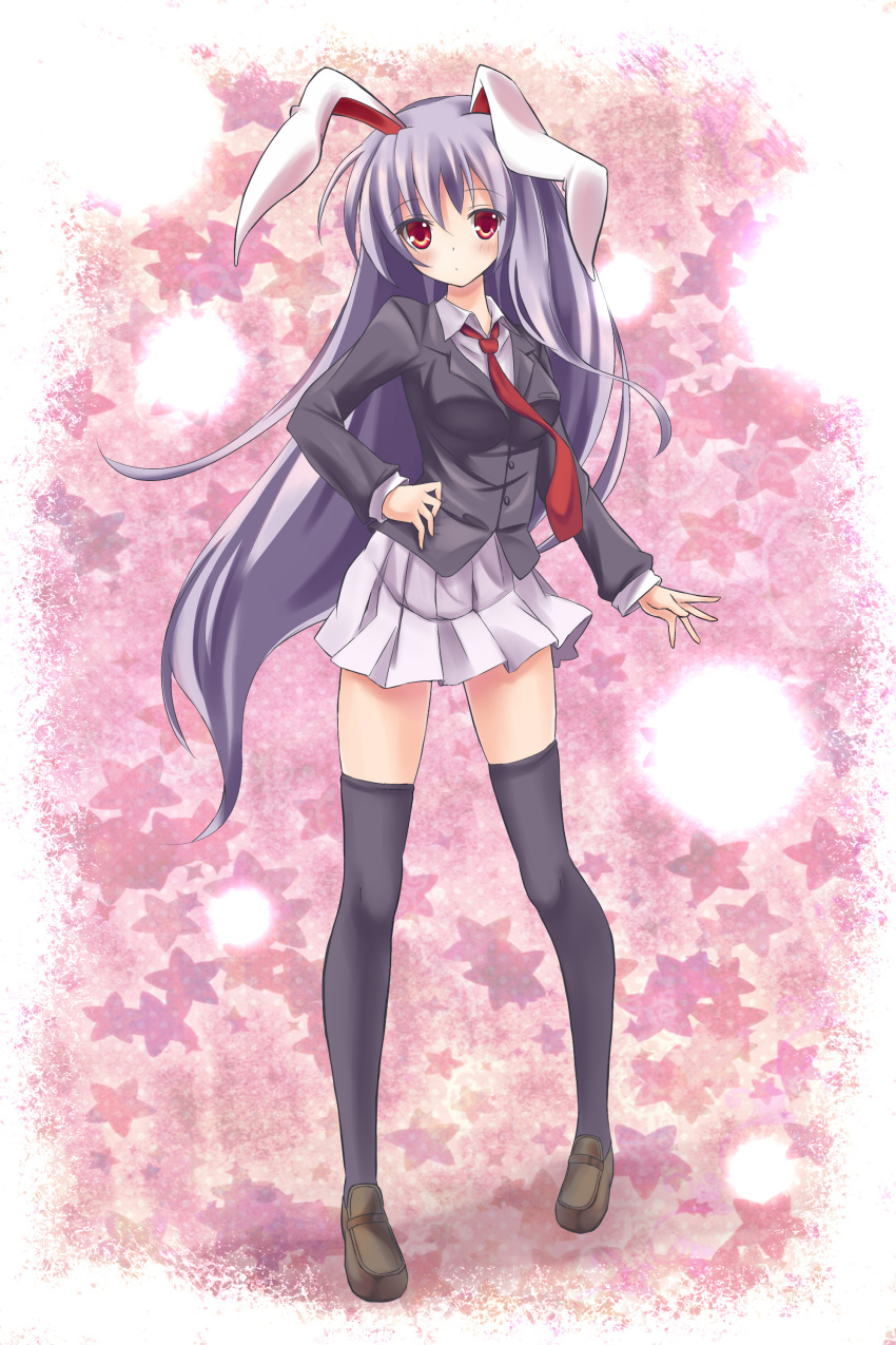 absurdres animal_ears black_legwear blazer bunny_ears highres lavender_hair loafers long_hair looking_at_viewer necktie pleated_skirt rabbit_ears red_eyes reisen_udongein_inaba shoes skirt solo standing star starry_background thigh-highs thighhighs touhou very_long_hair zettai_ryouiki zi_se