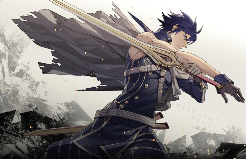 blue_eyes blue_hair cape chrom_(fire_emblem) fire_emblem fire_emblem:_kakusei gloves jou_(mono) krom nintendo sword tattoo weapon