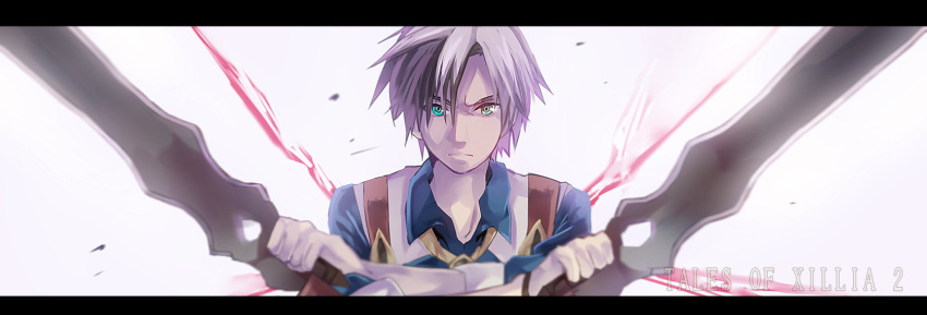 aqua_eyes grey_hair highres is2k331 letterboxed ludgar_will_kresnik ludger_will_kresnik male multicolored_hair necktie serious short_hair solo tales_of_(series) tales_of_xillia tales_of_xillia_2 title_drop two-tone_hair weapon white_background white_hair