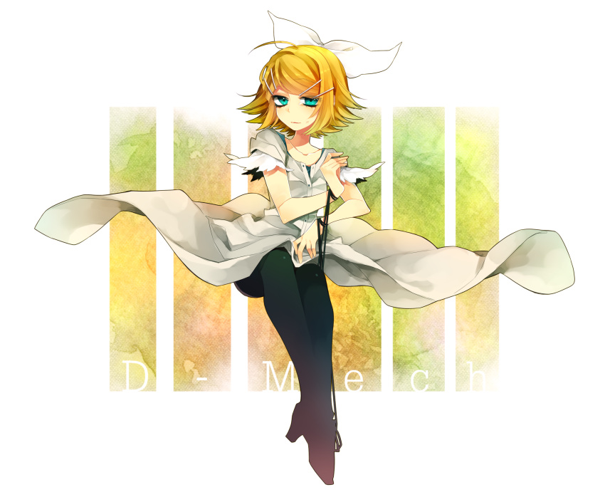 1girl absurdres ahoge aqua_eyes black_legwear blonde_hair dress hair_ornament hair_ribbon hairclip haru_(oomr005) highres kagamine_rin pantyhose ribbon short_hair sitting solo tears vocaloid white_dress