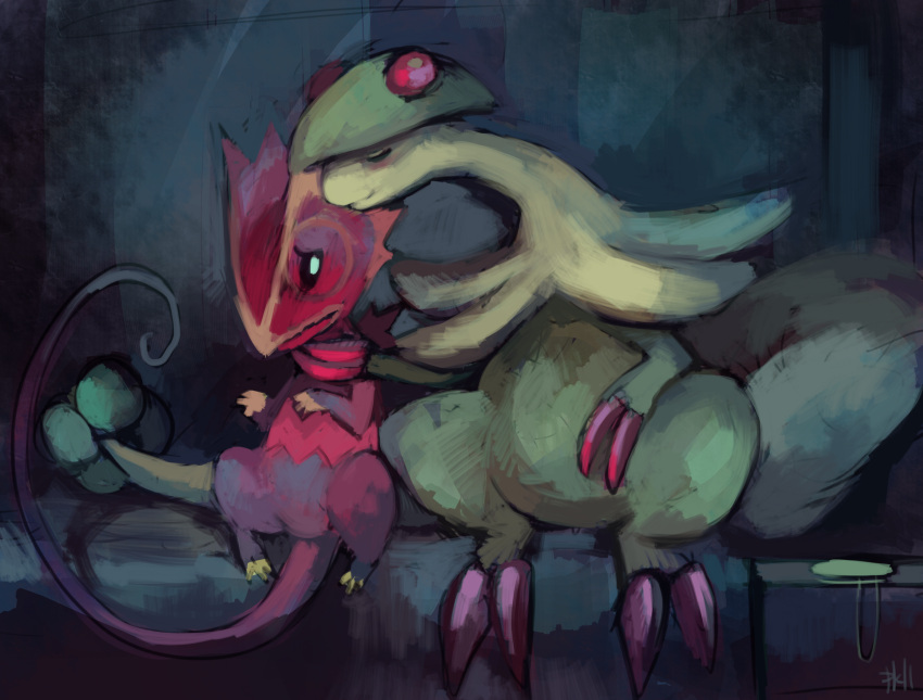 breloom chameleon claws closed_eyes couple creature eyes_closed highres hug hug_from_behind kecleon monocle no_humans not_shiny_pokemon pmd-explorers pokemon pokemon_(creature) purple_skin purplekecleon sitting