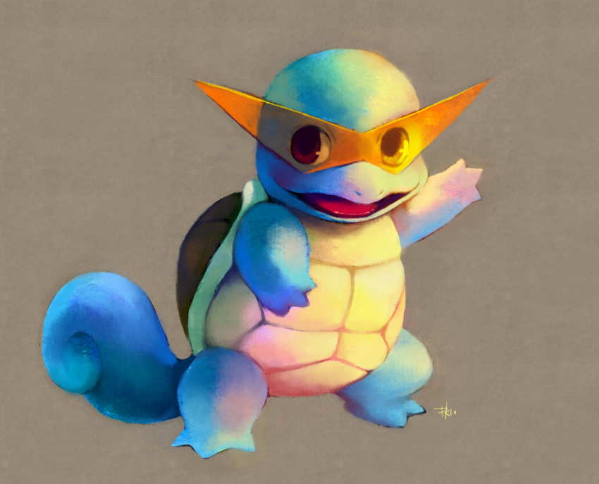 blue_skin clothed_pokemon creature full_body grey_background happy highres kamina_shades looking_away no_humans pokemon pokemon_(creature) purplekecleon shell signature smile solo squirtle standing sunglasses