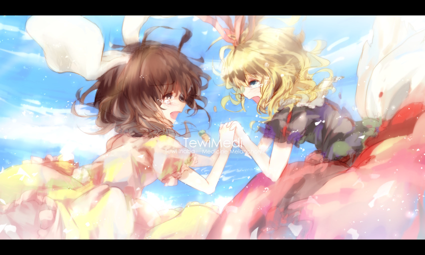 animal_ears arms_up blonde_hair blouse blue_eyes blue_sky brown_eyes brown_hair bunny_ears carrot character_name cloud clouds dqn_(dqnww) dress eye_contact hair_ribbon hand_holding highres holding_hands inaba_tewi jewelry light_particles looking_at_another medicine_melancholy multiple_girls necklace open_mouth pink_dress puffy_sleeves rabbit_ears ribbon rough short_hair short_sleeves skirt sky tears touhou wind
