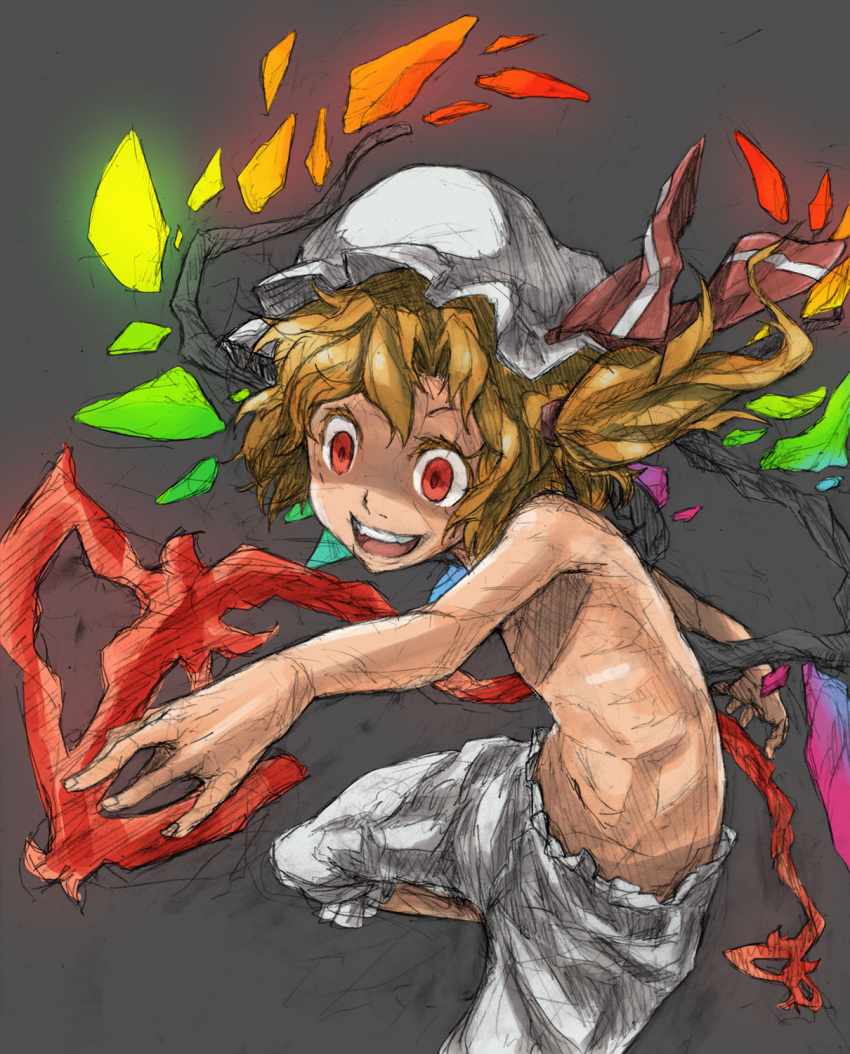 blonde_hair bloomers child colored_eyelashes crazy crazy_eyes flandre_scarlet flat_chest foreshortening graphite_(medium) grey_background hands hat highres laevatein nu_ma red_eyes side_ponytail simple_background sketch smile solo topless touhou traditional_media