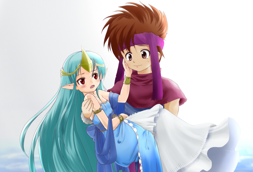 1girl aqua_hair armlet bare_shoulders blush bracelet brown_eyes brown_hair capelet carrying gown headband jewelry long_hair luca_(seiken_densetsu) luka_(seiken_densetsu_2) pointy_ears princess_carry randi red_eyes seiken_densetsu seiken_densetsu_2 syake tiara very_long_hair