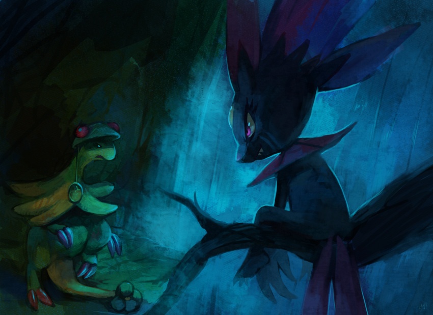 breloom claws creature evil_smile eye_contact fangs looking_at_another monocle no_humans pmd-explorers pokemon pokemon_(creature) purplekecleon signature sitting smile water waterfall weavile