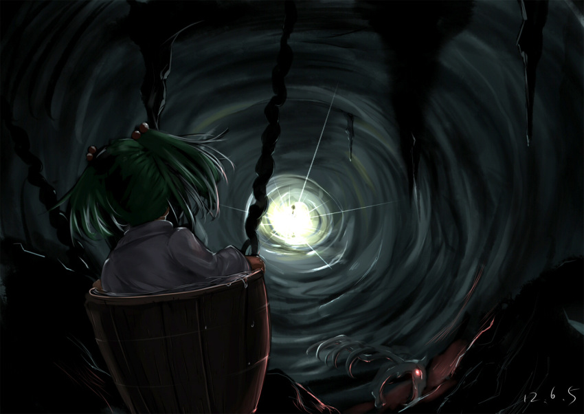 beam bucket cave erinerin99 from_behind glowing glowing_eye green_hair hair_bobbles hair_ornament in_bucket in_container kisume light long_sleeves perspective rope skeleton solo stalactite touhou twintails water
