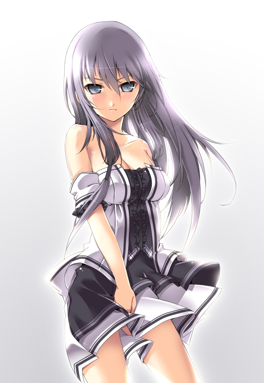 bad_id bare_shoulders blush breasts character_request cleavage covering covering_crotch dress grey_eyes highres kuro_(kuronell) long_hair looking_at_viewer panties pantyshot silver_eyes silver_hair skirt solo sword_girls underwear very_long_hair white_panties wind wind_lift