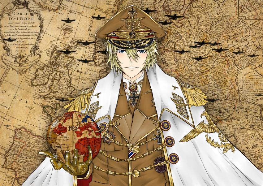 1_boy airplane alternate_history blonde_hair brown_clothes cape cloak collar_tabs darun_khanchanusthiti formal globe gloves hat highres iron_cross khakis leather_gloves male map medal military military_uniform nazi necktie one_boy original peaked_cap solo suit uniform