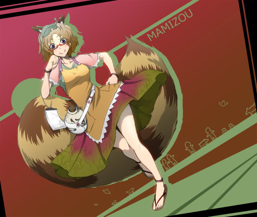 animal_ears anklet apron belt blue_eyes brown_hair character_name cockadooodledoo flip-flops futatsuiwa_mamizou glasses hand_on_hip hips jewelry jug leaf leaf_on_head notepad raccoon_ears raccoon_tail red-framed_glasses revision sandals short_hair skirt smile solo tail touhou