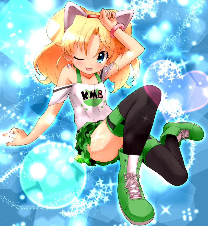 ;p animal_ears ankle_boots bare_shoulders black_legwear blue_background blue_eyes boots bracelet cat_ears cross-laced_footwear fake_animal_ears frilled_skirt frills hairband hand_on_own_head highres jewelpet_(series) jewelpet_tinkle jewelry lace-up_boots legs_folded looking_at_viewer miniskirt miria_marigold_mackenzie nyama sitting skirt solo sparkle thigh-highs thighhighs thighs tongue tongue_out twintails wink