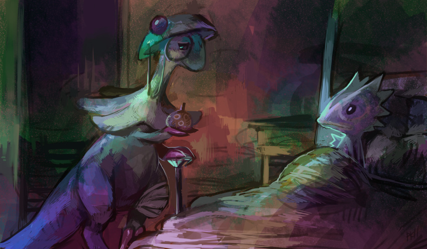 alternate_color bed breloom chair chameleon creature eye_contact holding indoors kecleon looking_at_another monocle no_humans not_shiny_pokemon pmd-explorers pokemon pokemon_(creature) purple_skin purplekecleon under_covers