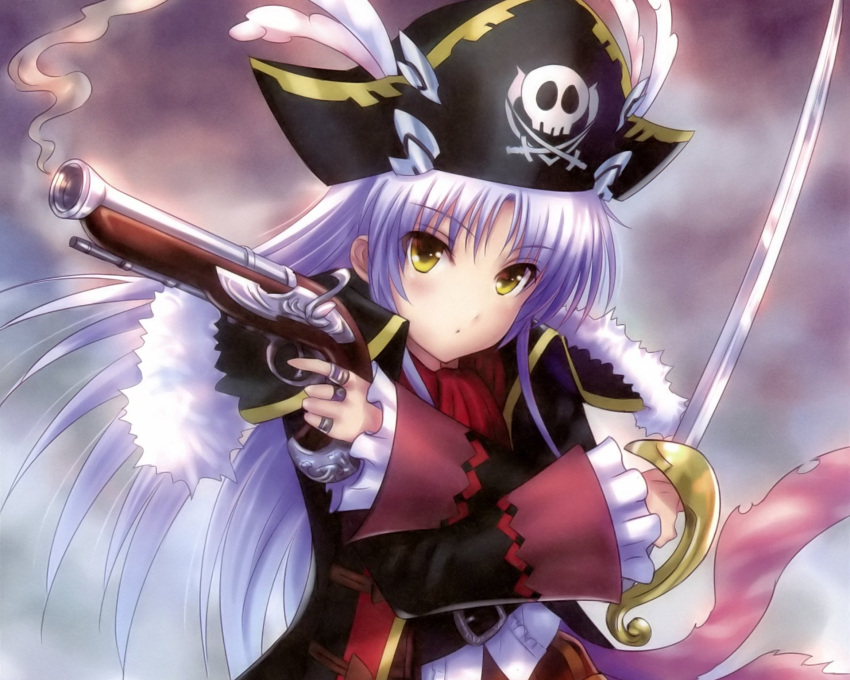 1girl :o angel_beats! antique_firearm belt chiaki_kurihara chiaki_kurihara_(coplay) cosplay cropped dual_wielding firelock flared_muzzle goto_p gun hanazawa_kana hat highres jabot jolly_roger long_hair miniskirt_pirates pirate pirate_hat pistol rapier silver_hair skull_and_crossed_swords smoke smoking_gun solo sword tachibana_kanade weapon yellow_eyes