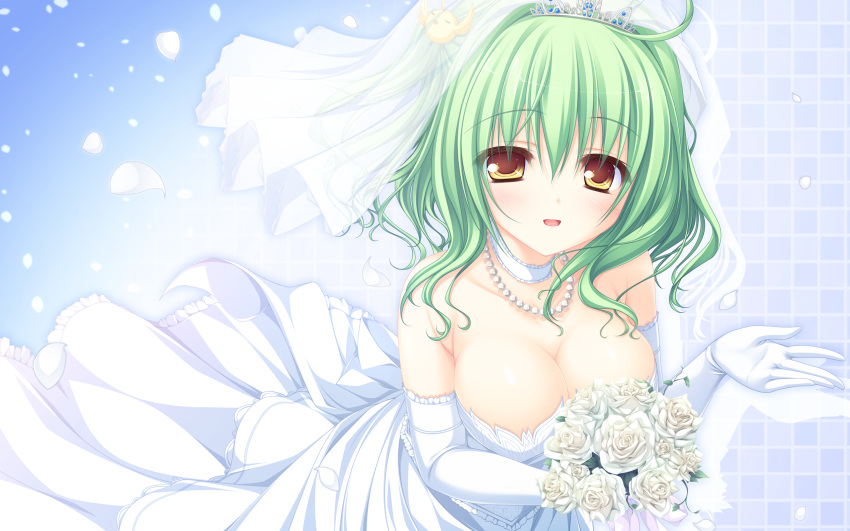 :d bouquet breasts brown_eyes character_request cleavage copyright_request diva_with_the_blessed_dragonol dress elbow_gloves flower gloves green_hair highres hinohara_tamako holding jewelry lunaris_filia mikagami_mamizu necklace open_mouth ribbon_choker smile solo tiara wallpaper wedding_dress whirlpool white_gloves