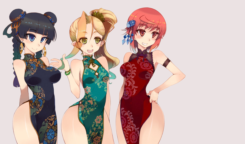 akari_(kagami_no_machi_no_kaguya) bare_shoulders black_hair blonde_hair blue_eyes braid breasts bun_cover china_dress chinese_clothes curvy double_bun earrings green_eyes grin hair_ornament hand_on_hip hips hoop_earrings jewelry kagami_no_machi_no_kaguya kaguya_(kagami_no_machi_no_kaguya) kusanagi_tonbo large_breasts long_hair multiple_girls official_art open_mouth otohime_(kagami_no_machi_no_kaguya) pointy_ears red_eyes red_hair short_hair side_ponytail simple_background smile twin_braids wide_hips
