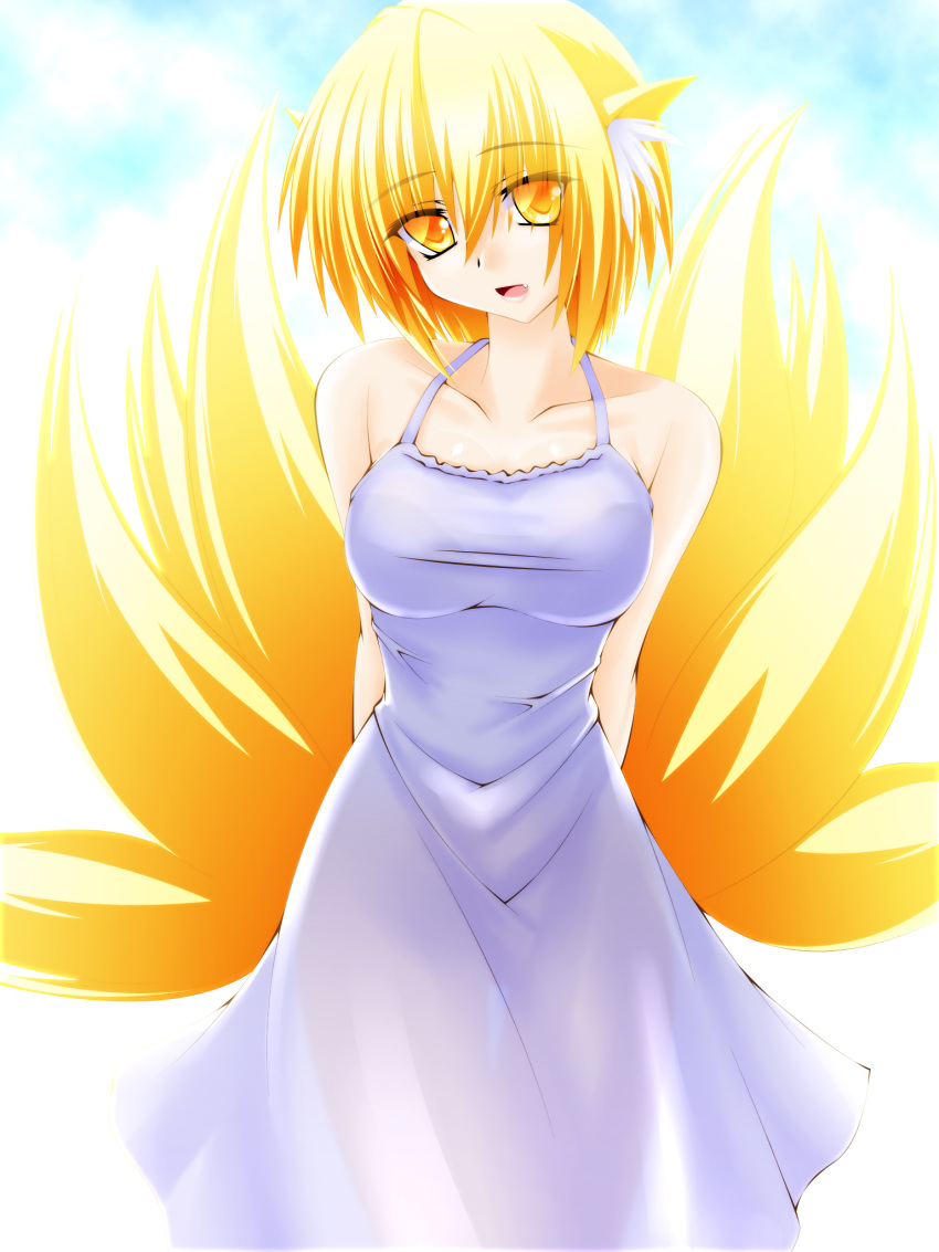 alternate_costume animal_ears arms_behind_back bare_shoulders blonde_hair breasts dress engo_(aquawatery) fang fox_ears fox_tail head_tilt highres looking_at_viewer multiple_tails no_hat no_headwear orange_eyes short_hair solo sundress tail touhou yakumo_ran