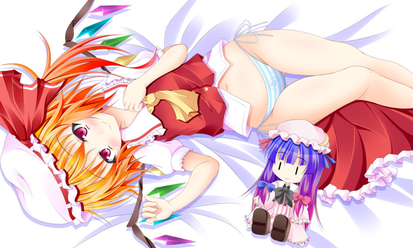 ascot blonde_hair blue_panties blush bow capelet character_doll crescent dress flandre_scarlet hair_ribbon hat hat_ribbon long_hair lying midriff narumi_yuu_(imitmoon) navel on_back open_clothes open_coat panties patchouli_knowledge pink_eyes purple_hair ribbon shirt side-tie_panties side_ponytail sitting skirt skirt_removed smile solo striped striped_dress striped_panties touhou underwear vest wings |_|