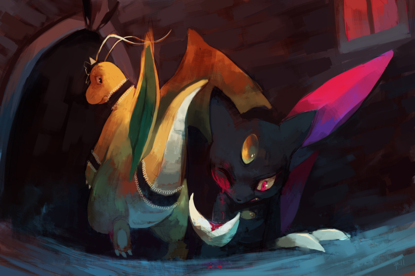 bleeding blood clothed_pokemon creature dragon dragonite eastern_dragon indoors injury looking_back no_humans pmd-explorers pokemon pokemon_(creature) purplekecleon sneasel window