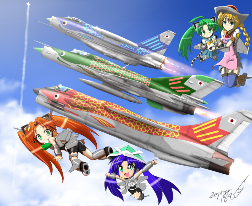 4girls afterburner ahoge airplane alternate_hair_color artist_name blonde_hair blue_hair braid clenched_hands cloud clouds condensation_trail drop_tank eating english_electric_lightning f-16 f-35 f-8_crusader flying food glint green\haairplane green_eyes green_hair hair_ornament helmet huge_ahoge jet kabuto kashiwa_mochi kashiwa_mochi_(food) koinobori long_hair mecha_musume mig-21 military mochi mouth_hold multiple_girls open_mouth origami original outstretched_arms personification pleated_skirt red_hair redhead school_uniform serafuku signature skirt sky spread_arms thighhighs twintails wagashi watermark zephyr164
