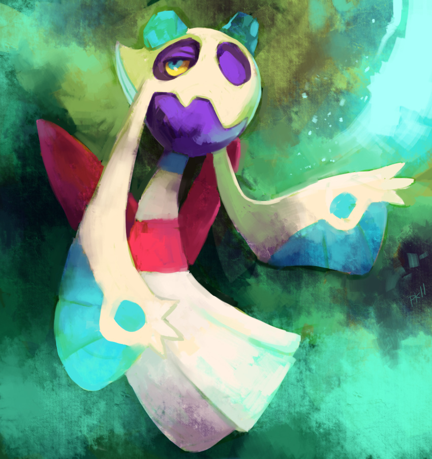 creature floating froslass ghost green_background highres looking_up no_humans pokemon pokemon_(creature) purplekecleon signature solo yellow_sclera