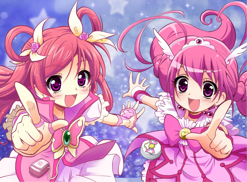 blue_background bowtie brooch choker color_connection creator_connection cure_dream cure_happy dress flower hair_ribbon hair_rings head_wings highres hoshizora_miyuki jewelry long_hair magical_girl multiple_girls pink_dress pink_eyes pink_hair pink_rose pointing precure ribbon rose skirt smile smile_precure! star starry_background teio tiara twintails wrist_cuffs yes!_precure_5 yumehara_nozomi