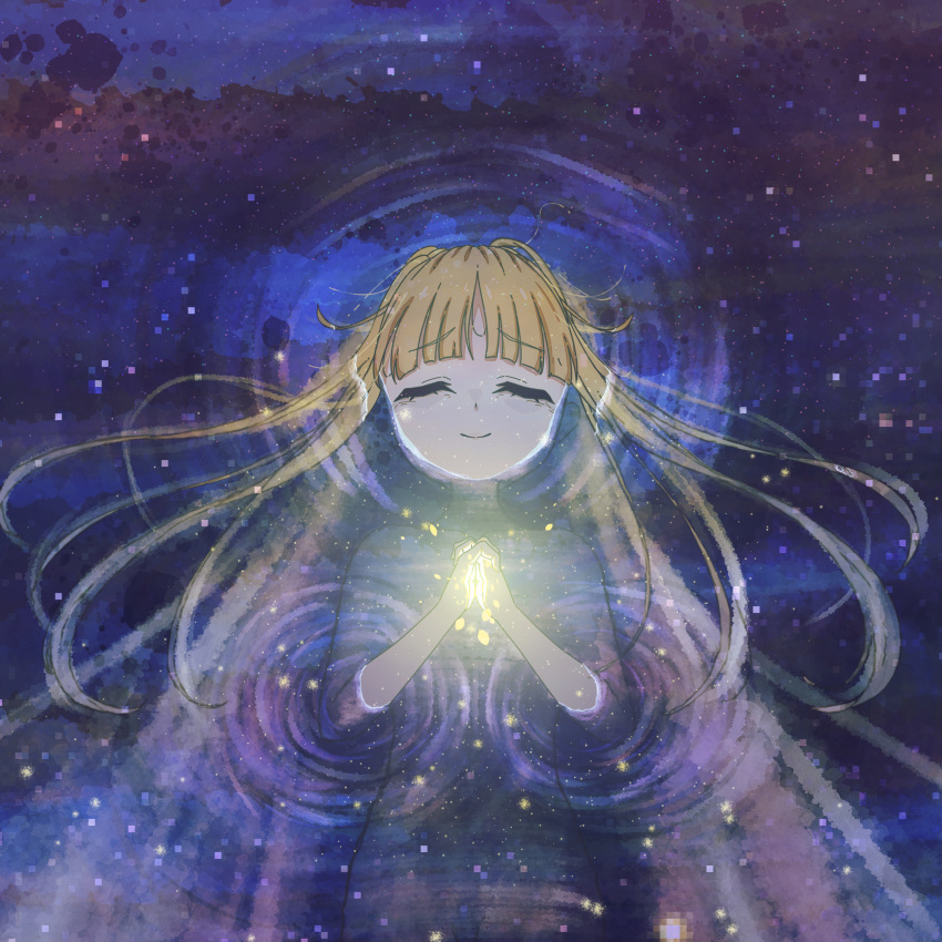 1girl absurdres ahoge blonde_hair cho_kaguya-hime! closed_eyes closed_mouth commentary hair_spread_out highres kaguya_(cho_kaguya-hime!) logo long_hair praying solo thereaakari very_long_hair