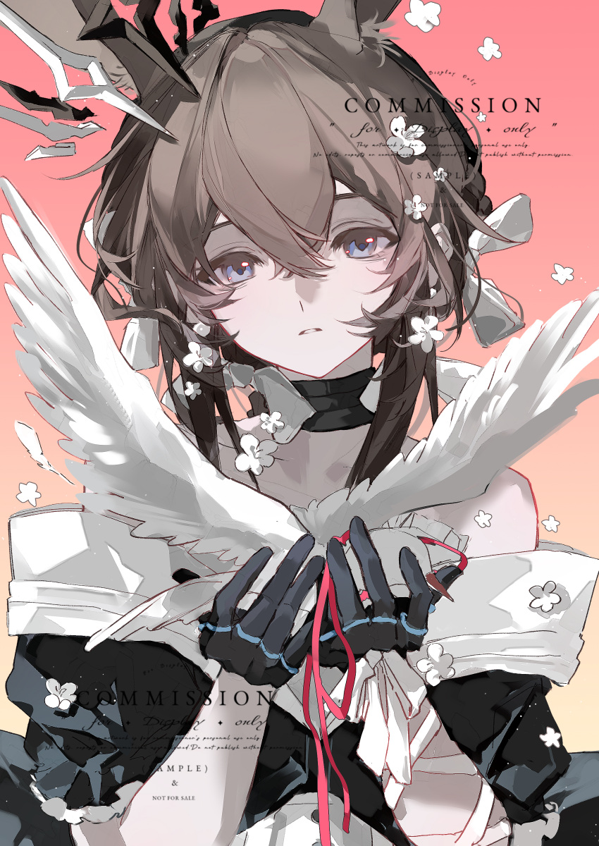 1girl absurdres alternate_costume ambience_synesthesia amiya_(arknights) animal animal_ears arknights bird blue_eyes brown_hair commission crown ezumly floating_crown flower hair_between_eyes hair_ribbon hands_up highres holding holding_animal holding_bird jewelry long_hair looking_at_viewer multiple_rings parted_lips pink_background rabbit_ears rabbit_girl ribbon ring ring_on_every_finger sample_watermark solo upper_body watermark white_flower white_ribbon
