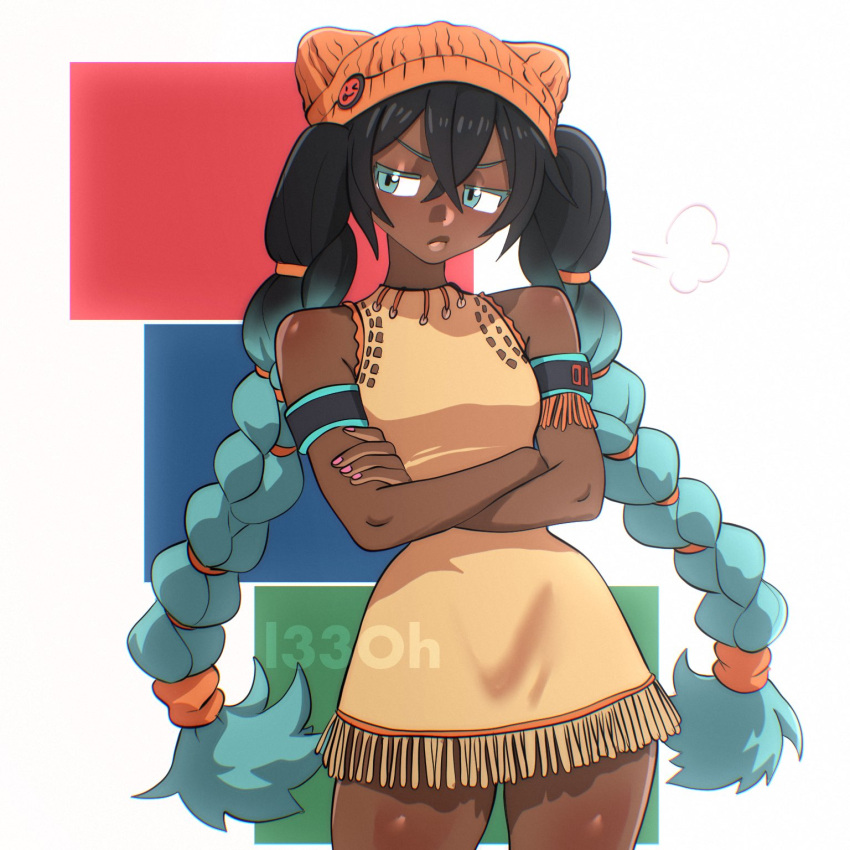 1girl alternate_costume alternate_skin_color armband bare_shoulders beanie black_hair blue_eyes blue_hair brown_dress colored_tips cowboy_shot crossed_arms dark-skinned_female dark_skin darkened_skin dress fingernails frown gabonese_clothes hat hatsune_miku highres l33oh long_hair looking_at_viewer multi-tied_hair multicolored_hair nail_polish orange_hat pink_nails short_dress sleeveless sleeveless_dress solo twintails two-tone_hair v-shaped_eyebrows very_dark_skin very_long_hair vocaloid