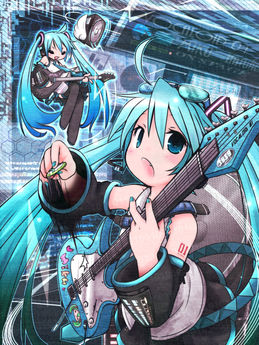 39 ahoge akino_coto aqua_eyes aqua_hair character_name chibi detached_sleeves electric_guitar fang glasses_on_head guitar hatsune_miku headset highres instrument long_hair multiple_girls nail_polish necktie open_mouth plectrum skirt speaker thigh-highs thighhighs twintails very_long_hair vocaloid
