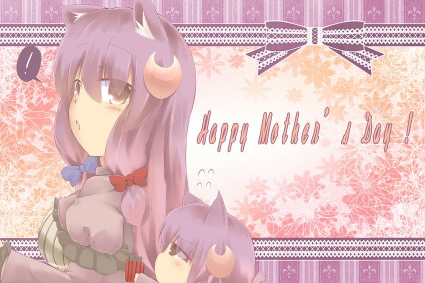 2girls age_difference animal_ears blush box brown_eyes cat_ears crescent dress gift gift_box hair_ribbon hazuki_ruu highres kemonomimi_mode long_hair mother's_day mother's_day mother_and_daughter multiple_girls no_hat no_headwear open_clothes open_coat patchouli_knowledge purple_hair ribbon striped striped_dress touhou