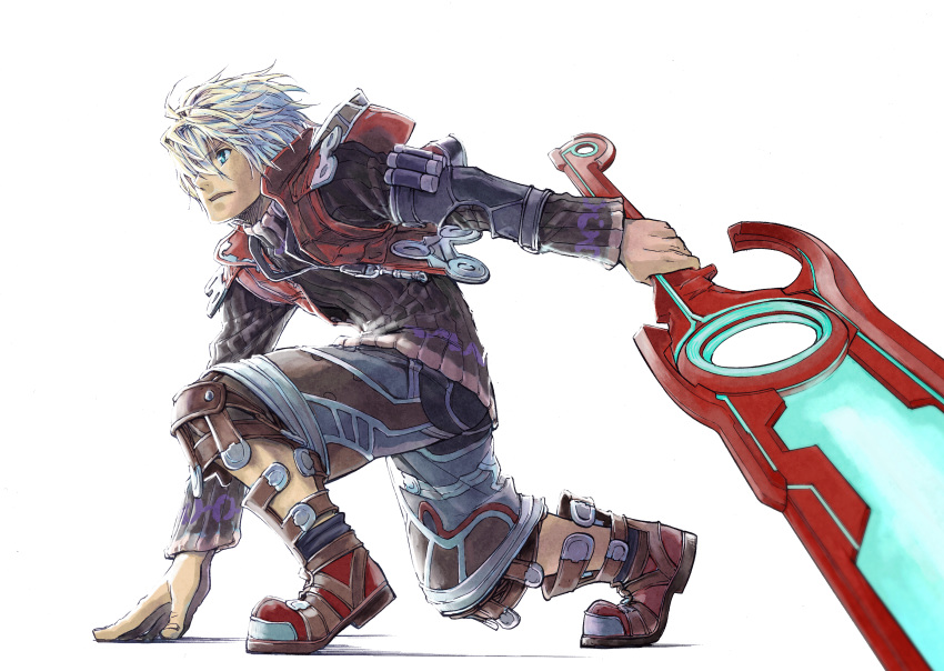 beco blonde_hair blue_eyes boots highres huge_weapon male monado shulk solo sword vest weapon xenoblade