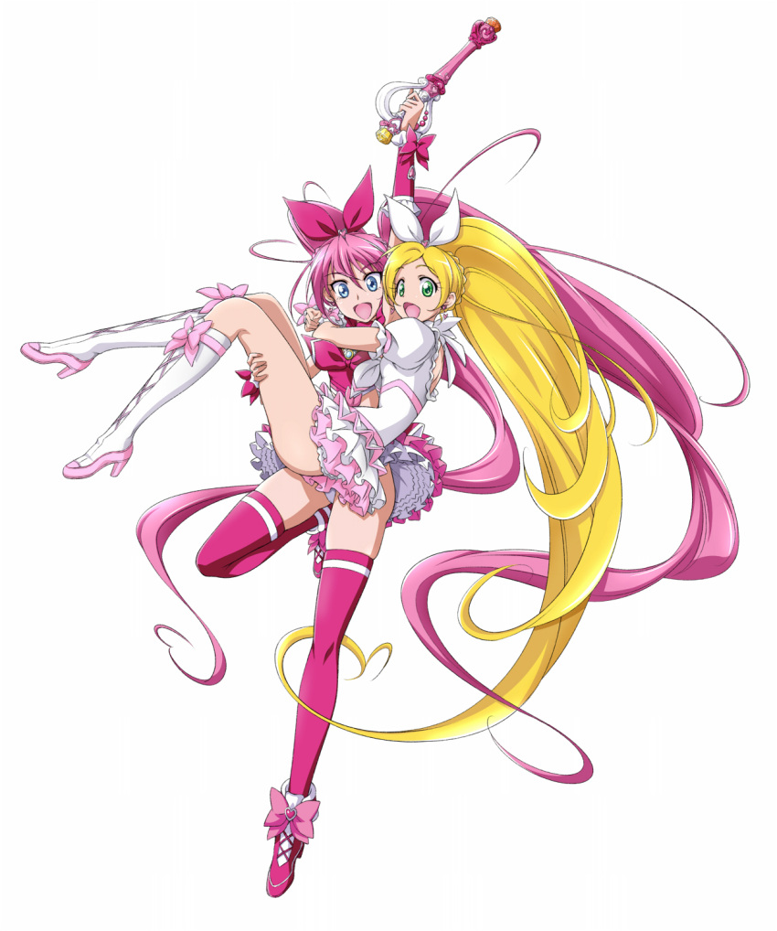 blonde_hair blue_eyes boots brooch carrying choker cure_melody cure_rhythm fantastic_belltier green_eyes heart highres houjou_hibiki jewelry long_hair magical_girl minamino_kanade miracle_belltier multiple_girls onaya_masakazu open_mouth pink_hair pink_legwear ponytail precure princess_carry simple_background suite_precure thighhighs twintails white_background yuri
