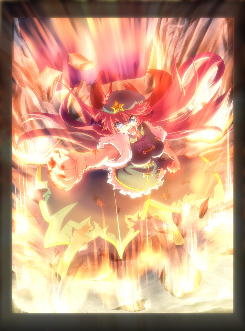 blood blue_eyes border bow breasts clenched_hand crack cracks fighting_stance fingernails foreshortening from_above glowing hair_bow hat highres hong_meiling large_breasts long_hair looking_away open_mouth outstretched_arm red_hair redhead rock s@s short_sleeves skirt solo star teeth tongue torn_clothes torn_hat touhou twintails vest wind
