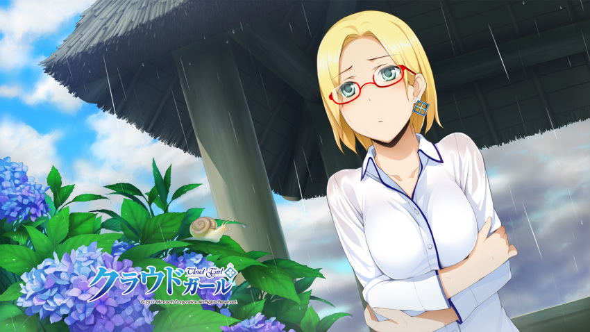 2011 aqua_eyes artist_request blonde_hair character_request claudia_madobe dated dress_shirt flower glasses highres hydrangea jewelry leaf glasses microsoft official_art rain shirt single_earring snail solo title_drop wallpaper watermark wet_clothes windows
