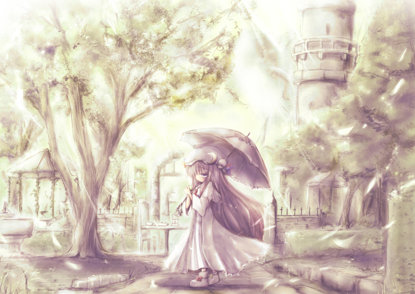 arms_up ascot boots bow bowl branch brick_wall chair crescent dress fountain full_body gate gazebo grass hat hat_bow kouba leaf light_trail long_hair parasol patchouli_knowledge path purple_eyes purple_hair sky solo standing striped striped_dress table touhou tower tree umbrella very_long_hair violet_eyes
