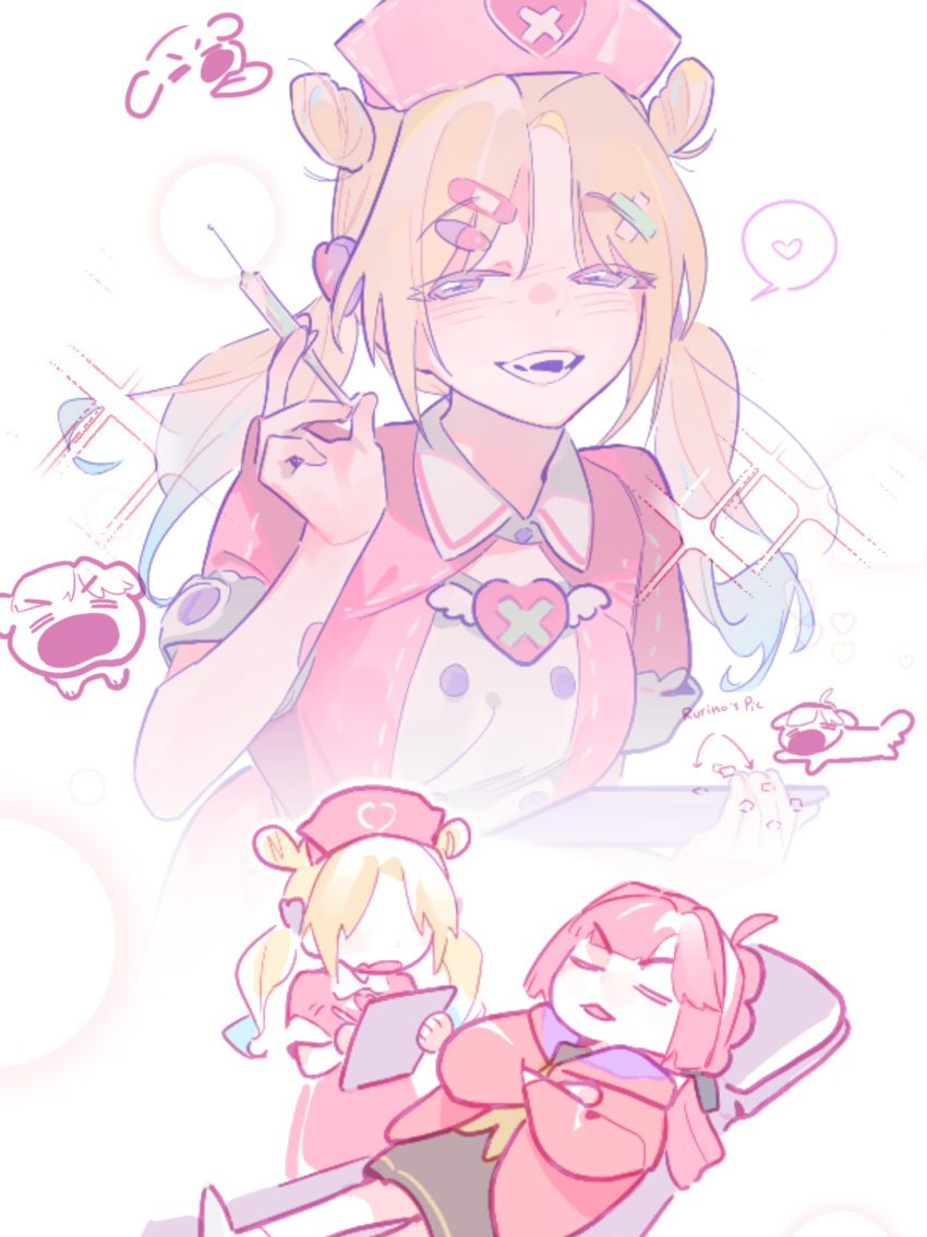 2girls :d =_= ahoge animalization anyoji_hime arrow_(symbol) black_ribbon blue_eyes brown_dress clipboard closed_eyes commentary dog double_bun dress fangs hair_bun hair_ribbon half-closed_eyes hasu_no_sora_school_uniform hat heart highres holding holding_clipboard holding_pen holding_syringe hood hood_down hooded_jacket jacket long_sleeves love_live! love_live!_hasu_no_sora_jogakuin_school_idol_club lying multi-tied_hair multiple_girls neckerchief nurse nurse_cap on_back open_clothes open_jacket open_mouth osawa_rurino pen pink_dress pink_hair pink_hat pink_jacket pipi_(m1x_mix) ponytail ribbon sailor_collar sailor_dress school_uniform smile sparkle speech_bubble spoken_heart syringe therapy twintails untranslatable_commentary v-shaped_eyebrows virtual_youtuber vital_sign_(love_live!) white_sailor_collar winter_uniform yellow_neckerchief
