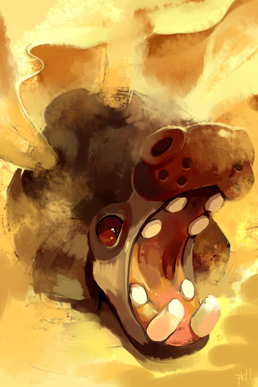 1girl absurdres black_skin creature highres hippopotamus hippowdon no_humans open_mouth pokemon pokemon_(creature) purplekecleon red_eyes sand sand_storm sexual_dimorphism signature solo