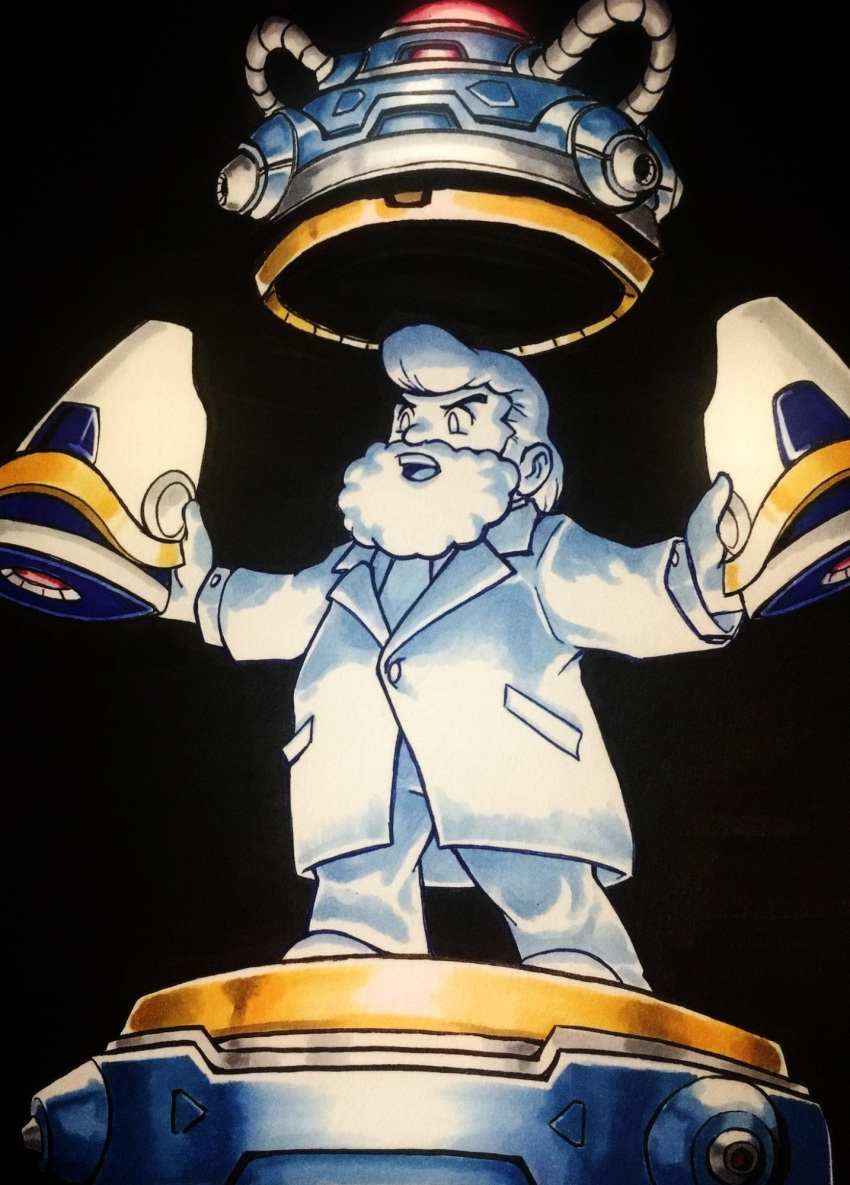 1boy alt_text beard black_background boots coat commentary dr._light_(mega_man) english_commentary facial_hair full_beard full_body highres holding holding_boots holding_unworn_clothes hologram male_focus mega_man_(series) mega_man_x1 mega_man_x_(series) open_mouth pocket science_fiction short_hair simple_background sirknightbot solo standing teeth unworn_armor unworn_boots upper_teeth_only