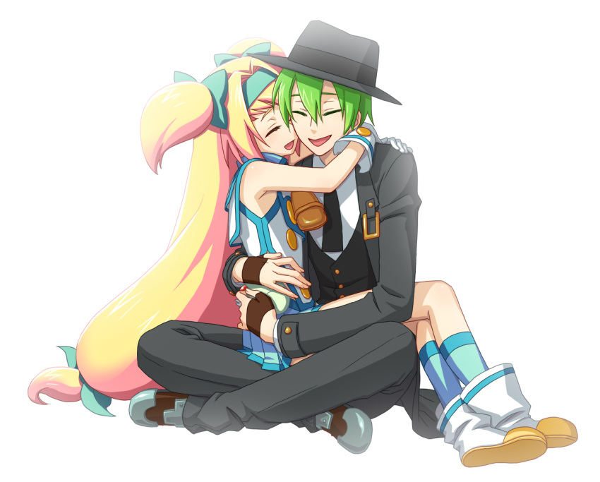 1girl arin66 bell blazblue blonde_hair boots bow closed_eyes eyes_closed formal green_hair hair_bow hairband happy hat hazama hug long_hair low-tied_long_hair pants platinum_the_trinity quad_tails shoes short_hair simple_background sitting sitting_on_lap sitting_on_person smile white_background
