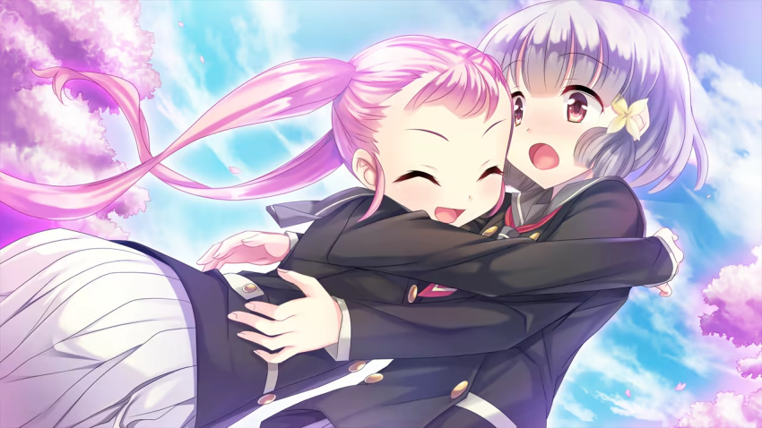 2girls blue_eyes brown_shirt buttons cherry_blossoms closed_eyes collarbone day double-breasted dutch_angle from_below game_asset grey_hair grey_sailor_collar hair_ornament hiraoka_mutsuki hug kamitsure_~7_no_nijou_fushigi~ long_hair long_sleeves mizuki_kotora multiple_girls neckerchief non-web_source official_art open_mouth outdoors petals pink_hair pleated_skirt red_eyes red_neckerchief sailor_collar school_uniform shirt short_hair skirt sky smile standing tajima_aoi twintails very_long_hair white_skirt wide-eyed